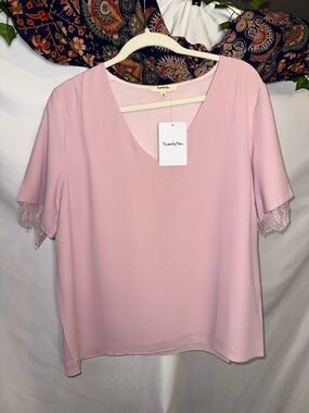 Twenty Blush Pink V-Neck Lace Sleeve Blouse
